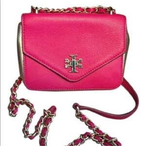 Tory Burch Kira Small Fuchsia Crossbody Bag with Gold Accents Pink Leather